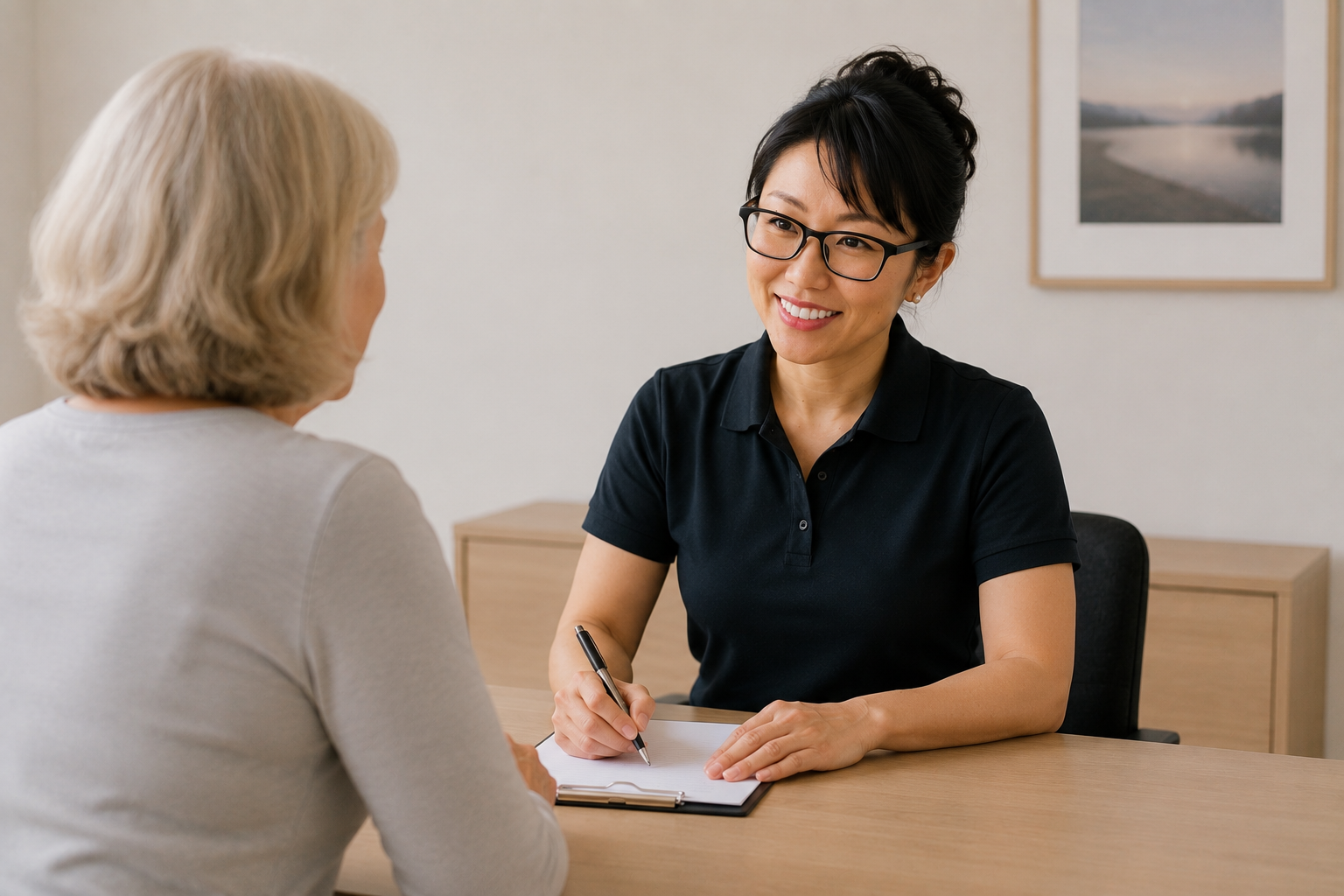 Michiko discussing an initial assessment with a patient at home