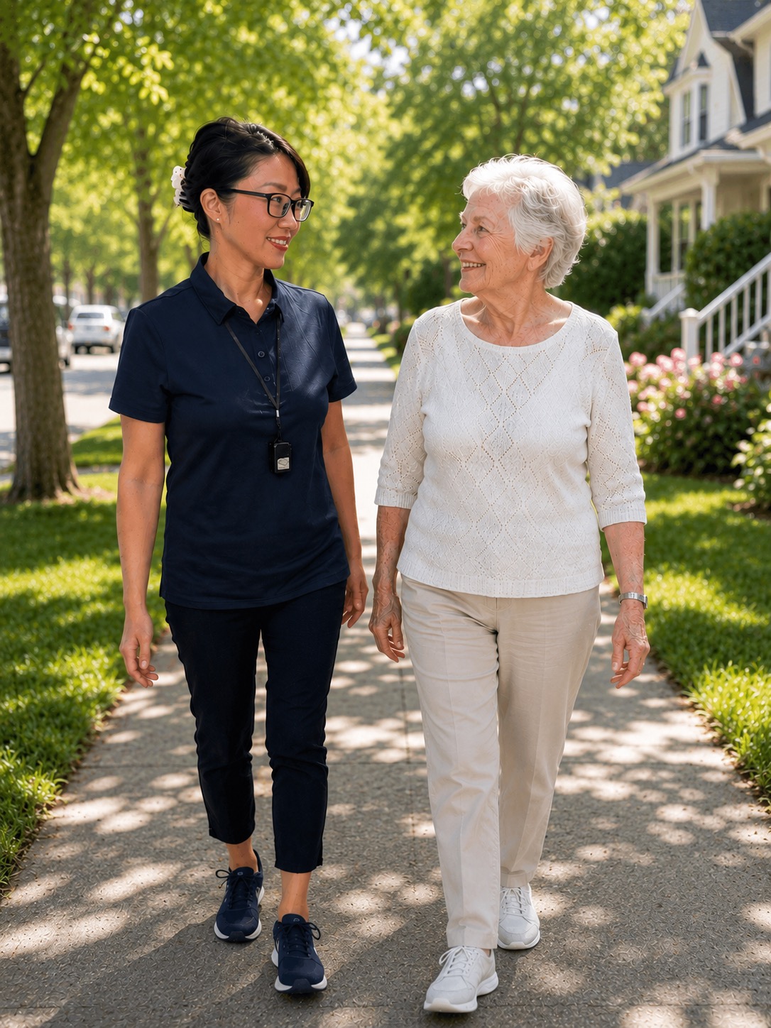 Michiko walking outdoors with a patient in a neighborhood