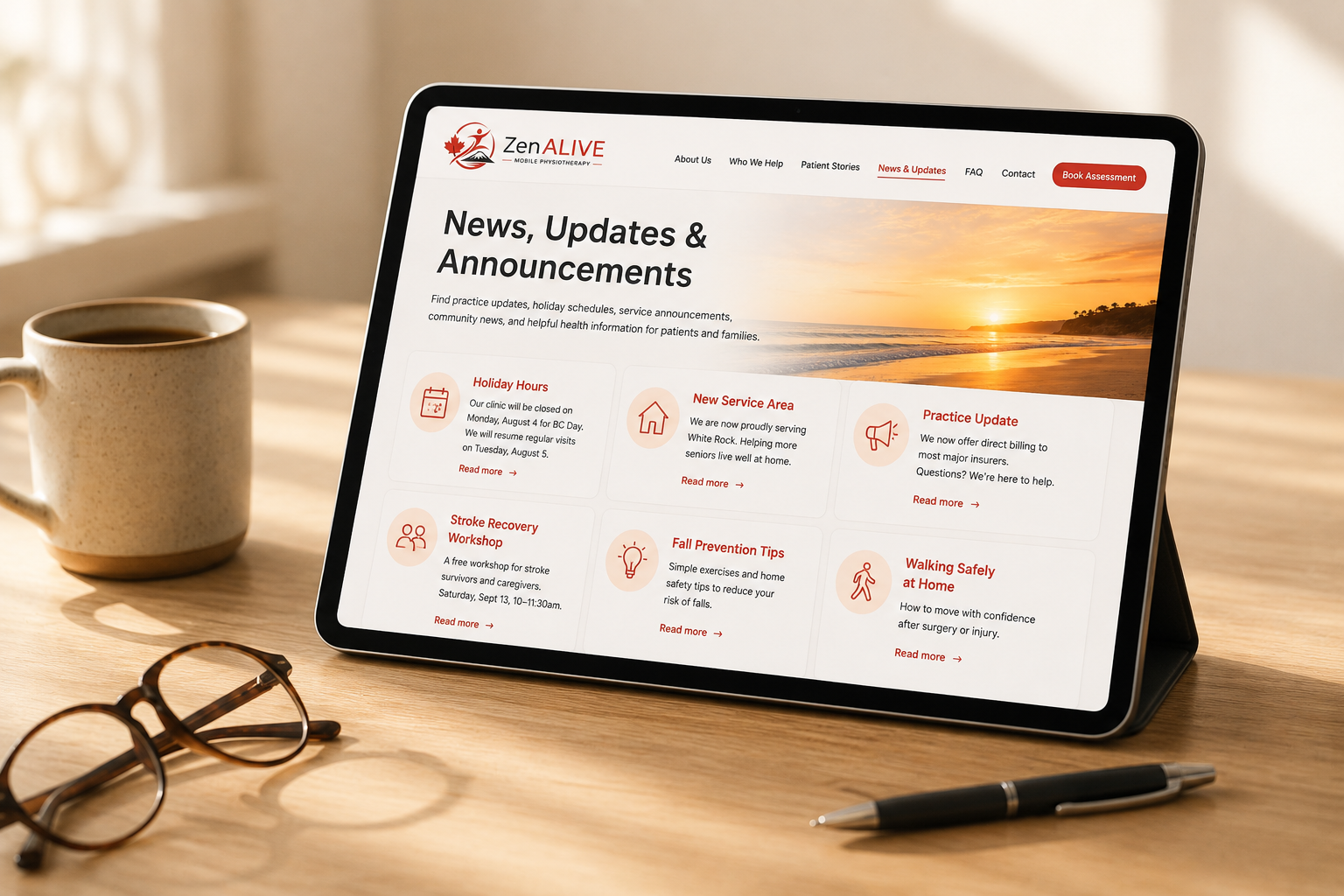 ZenALIVE news and updates displayed on a tablet at home