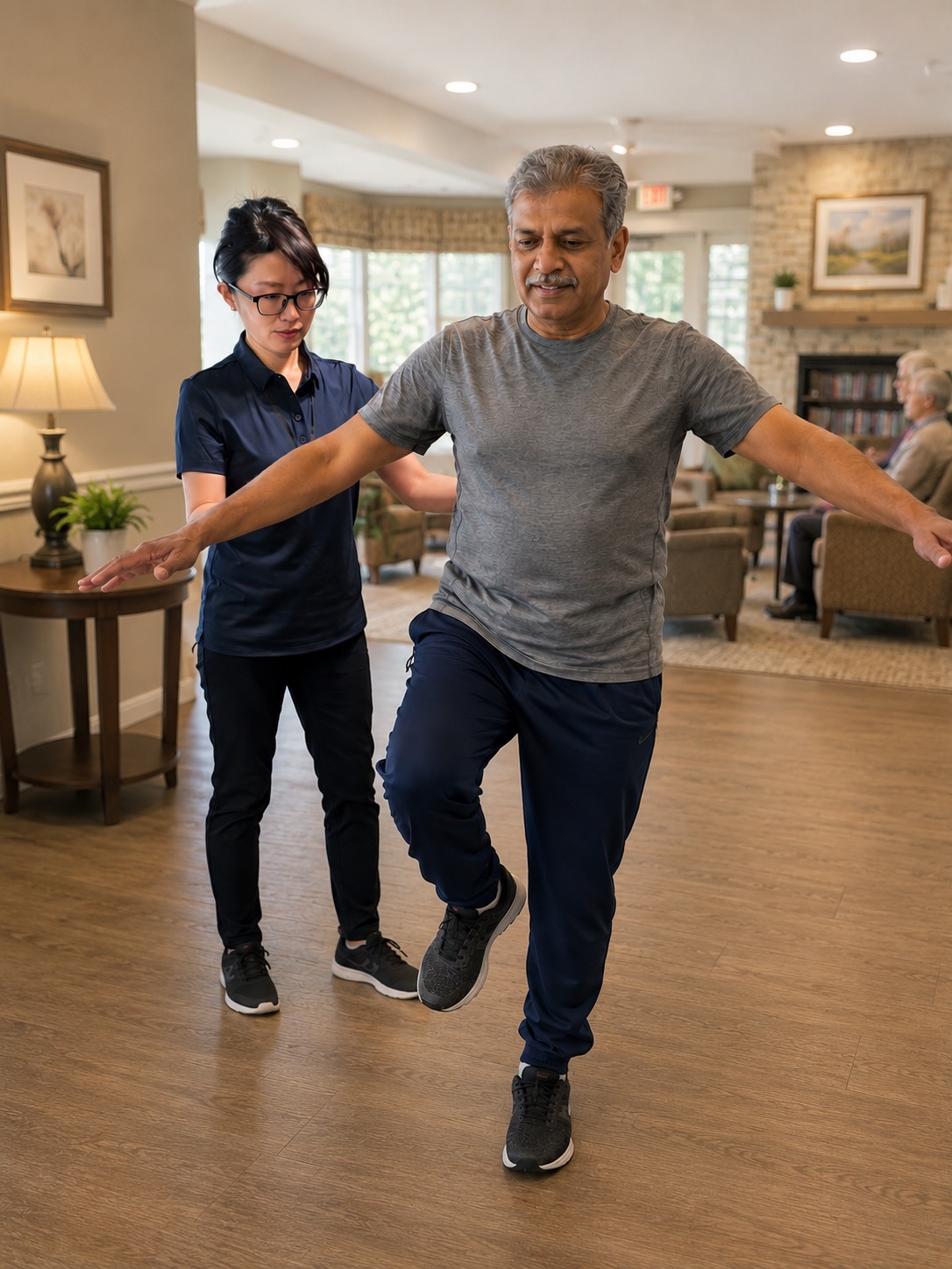 Michiko supporting a patient during fall prevention balance training at home