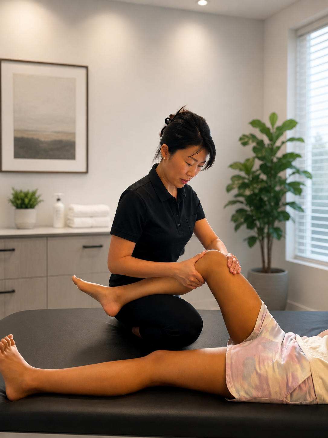 Michiko providing manual therapy for a female patient at home