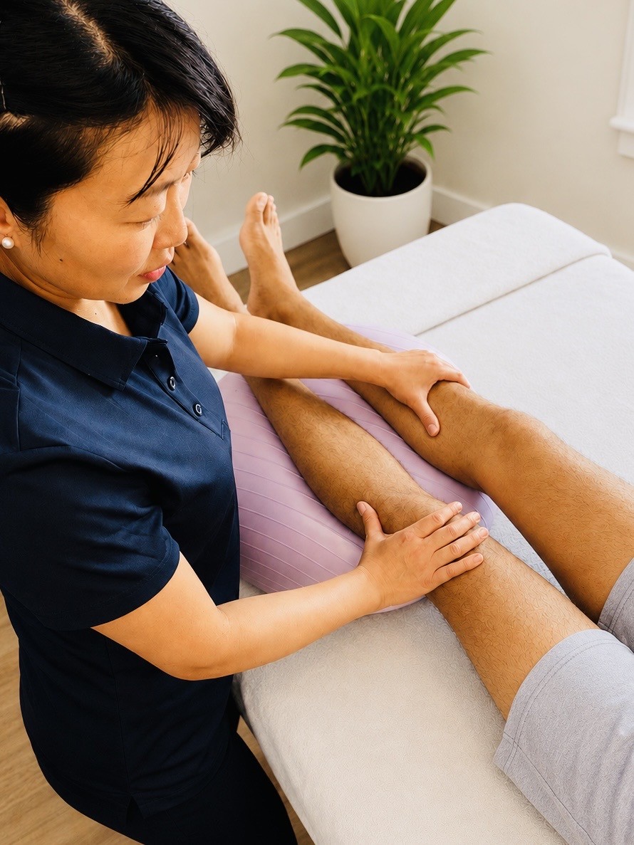 Michiko assessing a male patient's leg during home physiotherapy